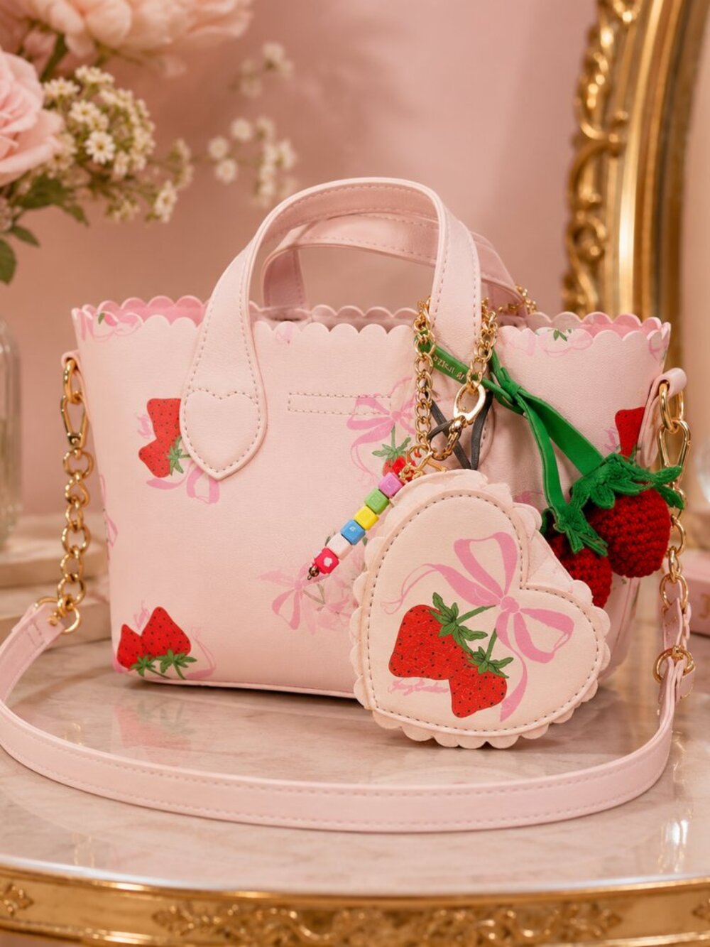 Juicy Couture Sweet Strawberry Mini Tote Pink Blush Crossbody Charm Set NWT